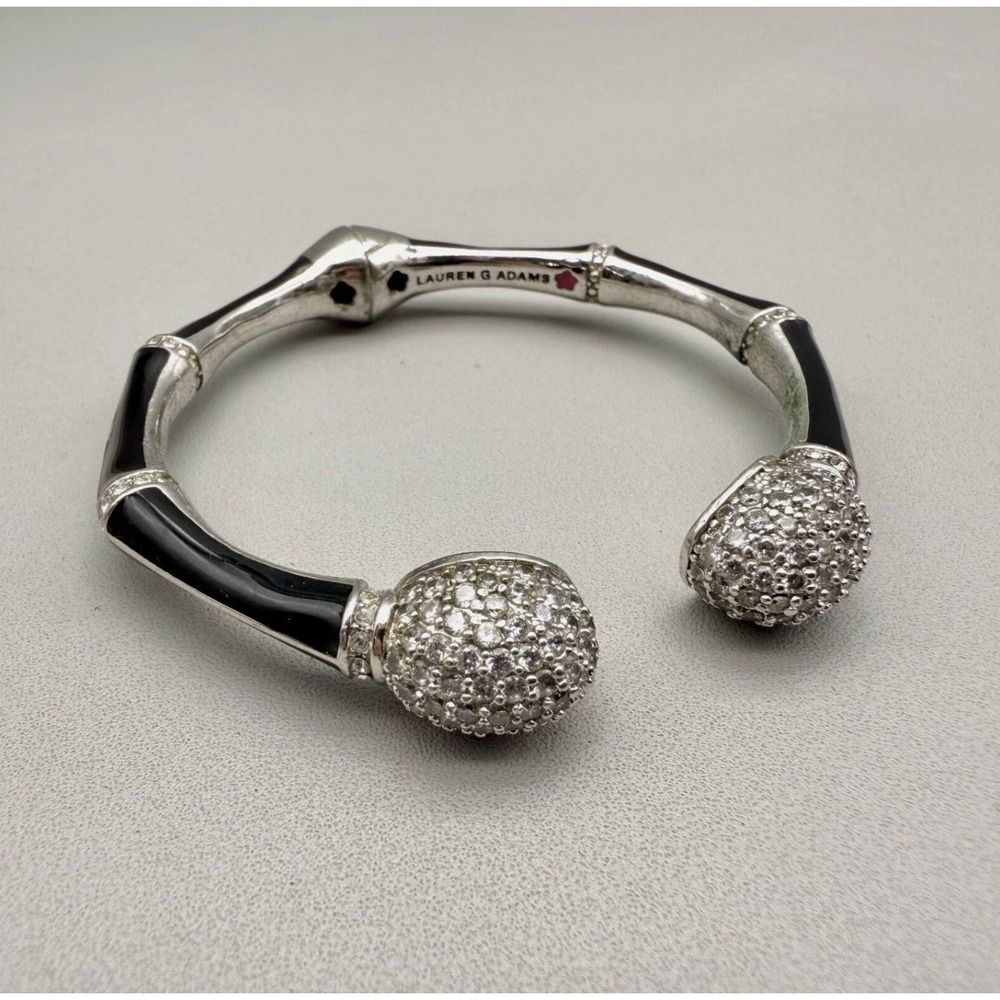 Lauren G Adams Bamboo Cuff Bracelet Silver Tone CZ Crystal Bangle Enamel Bracele